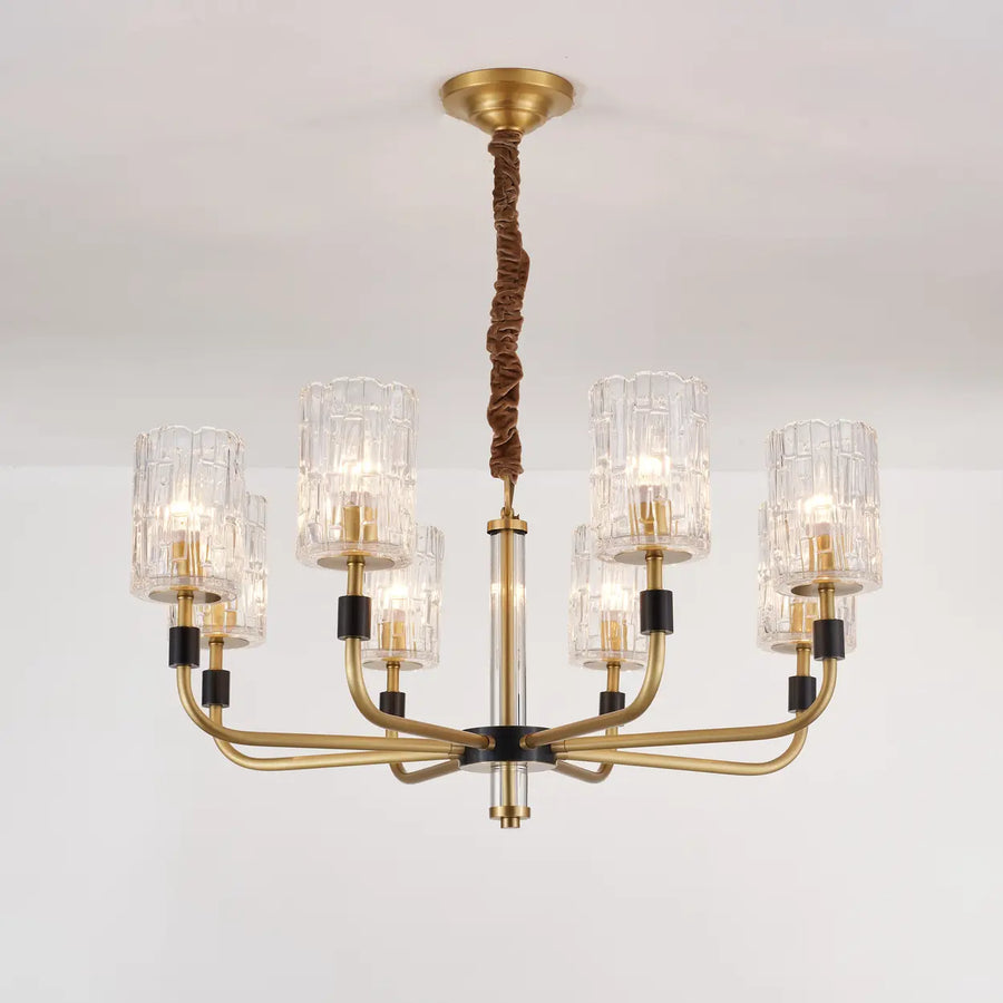 Modern Textured Glass Cylinder Shade Brass Branch Chandelier