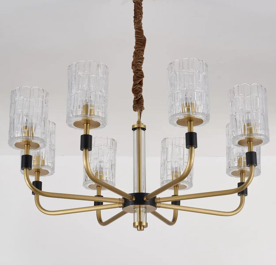 Modern Textured Glass Cylinder Shade Brass Branch Chandelier