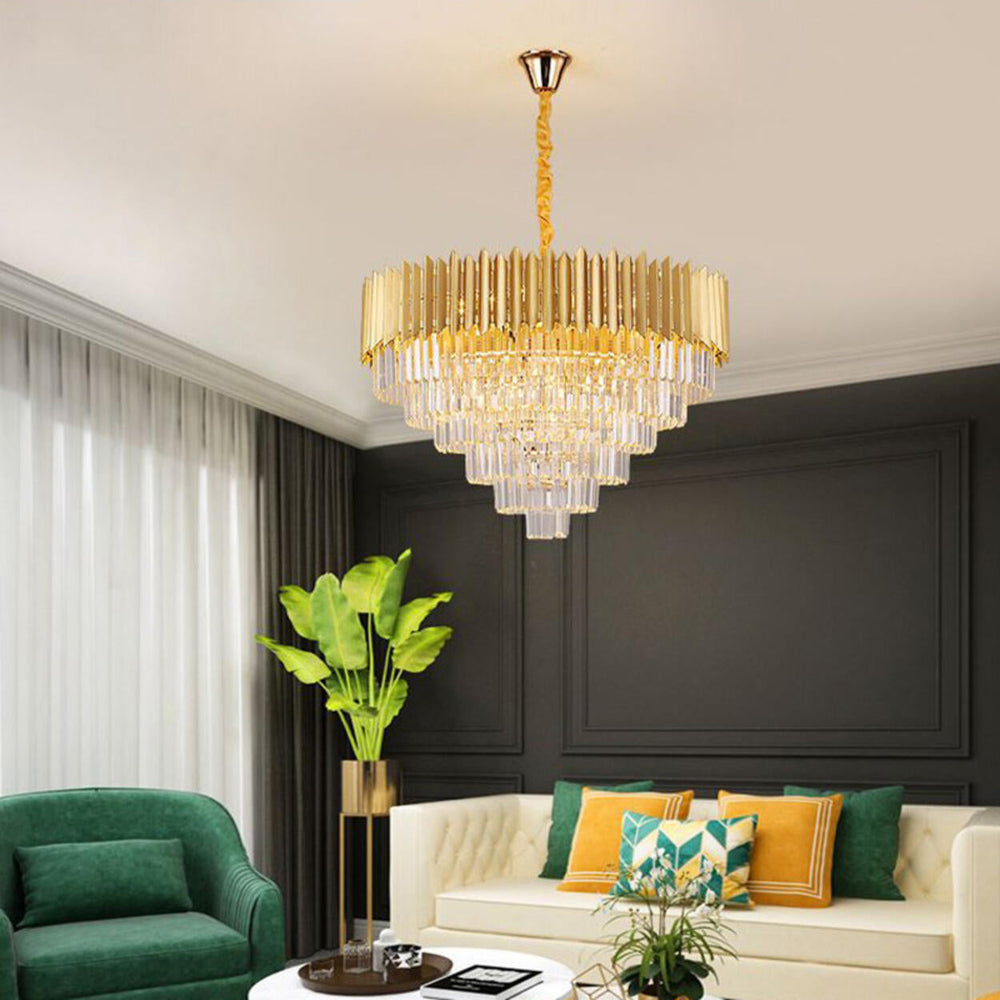 Modern Tiered Gold Crystal Chandelier Adjustable Height