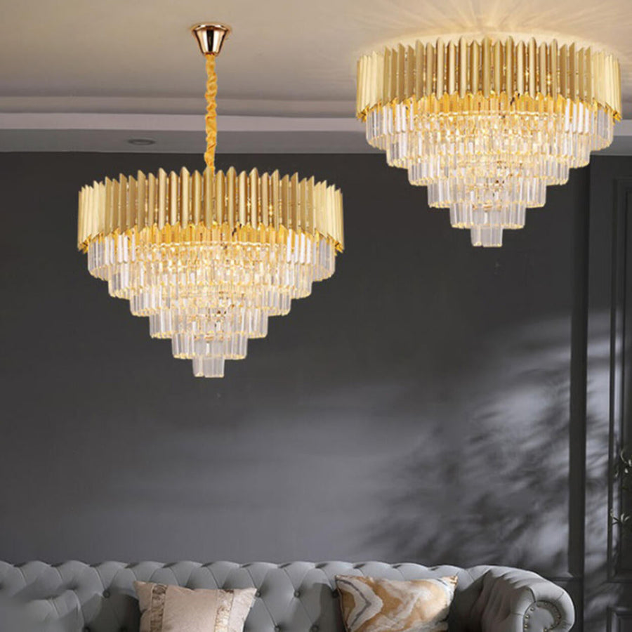 Modern Tiered Gold Crystal Chandelier Adjustable Height