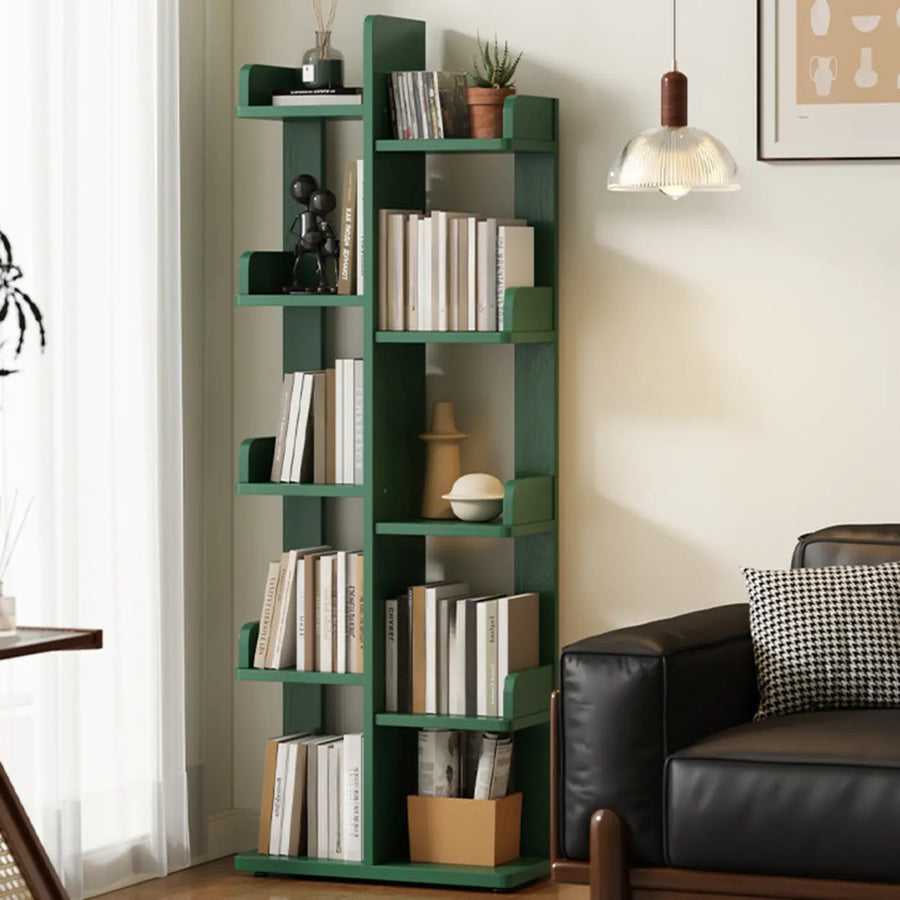 Modern Vertical Tree Tiered Wood Open Back Corner Bookshelf