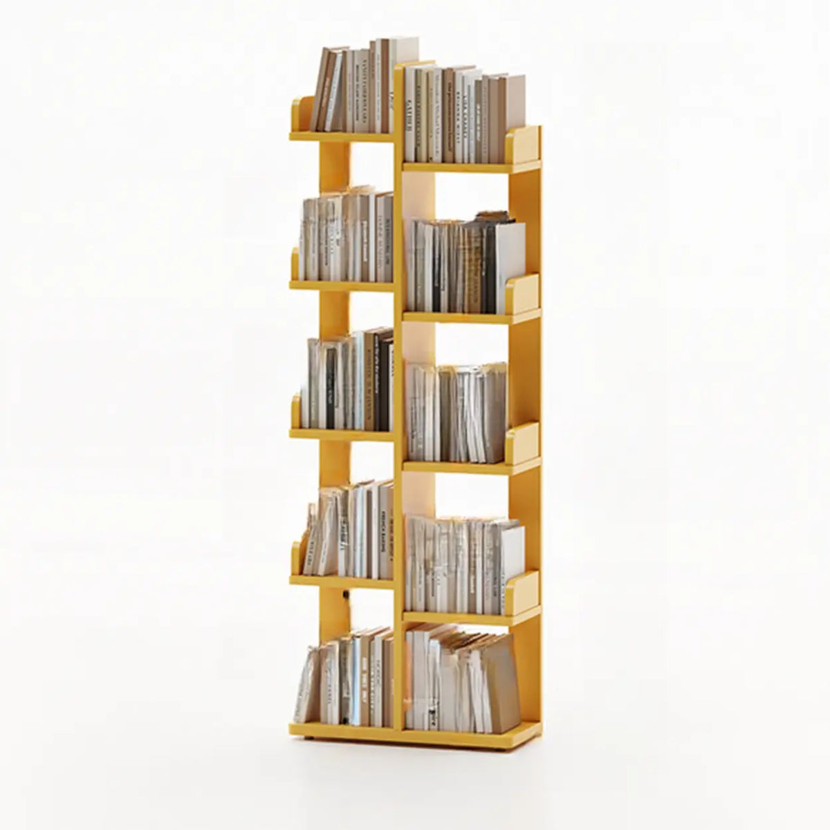Modern Vertical Tree Tiered Wood Open Back Corner Bookshelf