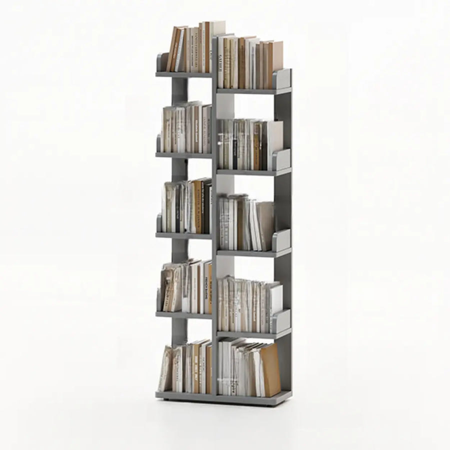 Modern Vertical Tree Tiered Wood Open Back Corner Bookshelf
