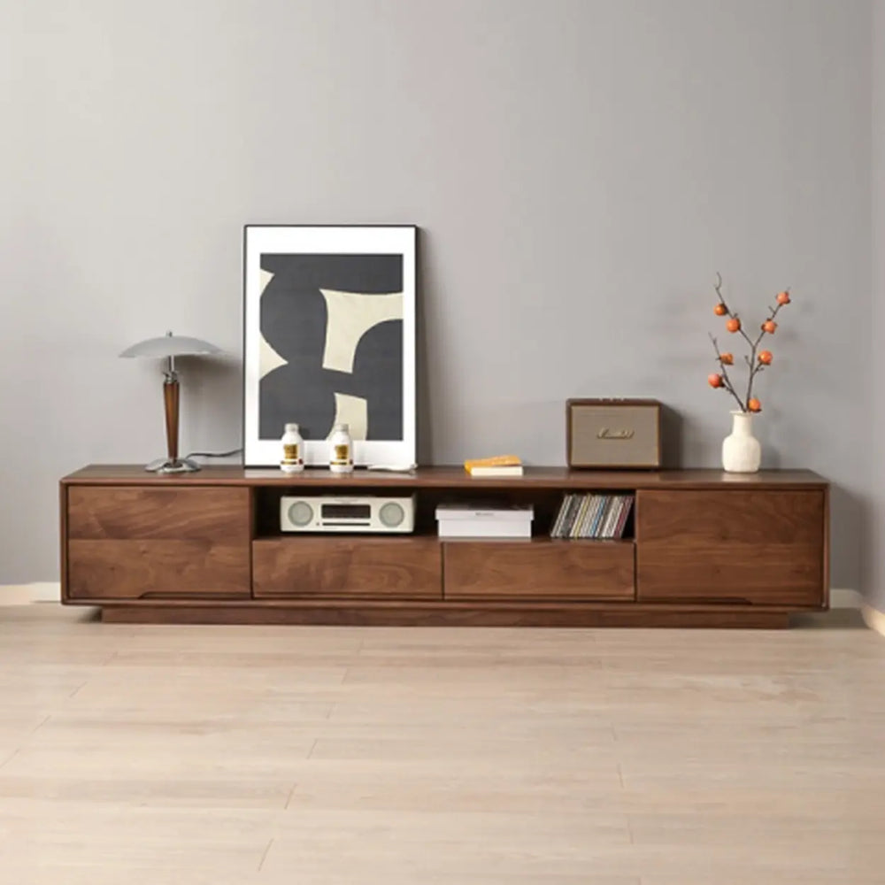Modern Walnut Wood TV Stand with Storage Cabinets