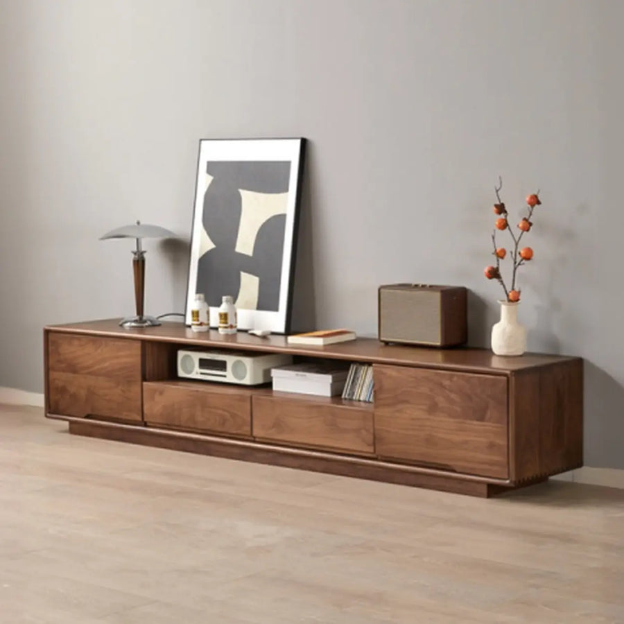 Modern Walnut Wood TV Stand with Storage Cabinets