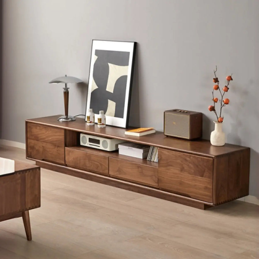 Modern Walnut Wood TV Stand with Storage Cabinets