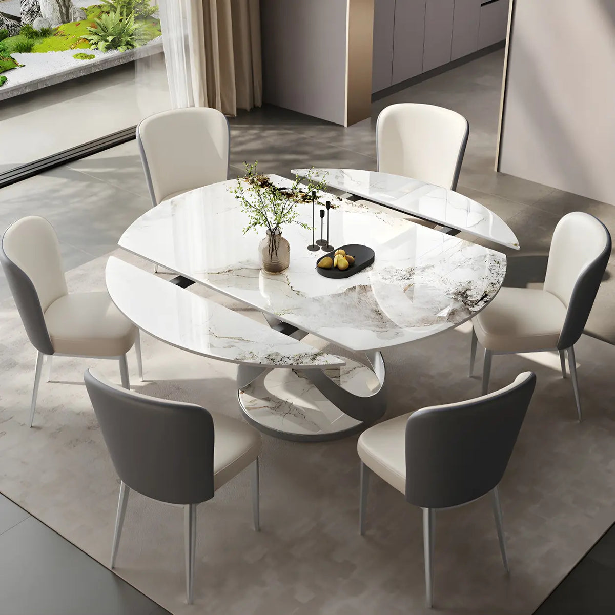 Modern White Round Marble Stone Dining Table Extendable