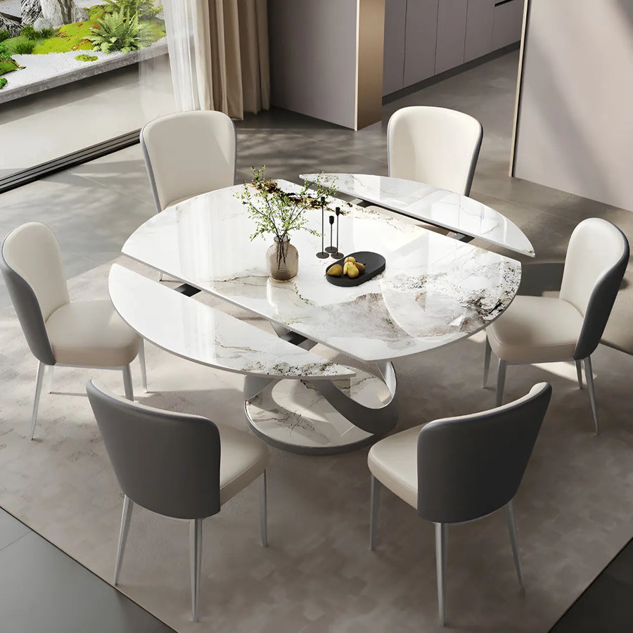 Modern White Round Marble Stone Dining Table Extendable