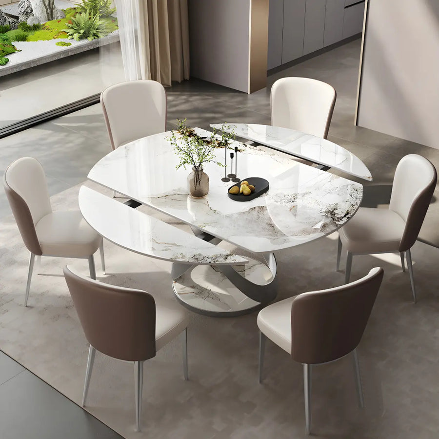 Modern White Round Marble Stone Dining Table Extendable