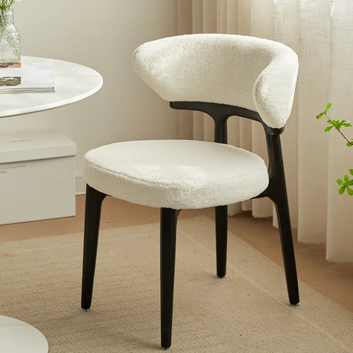 Modern White Sherpa Upholstered Dining Chair with Curved Back