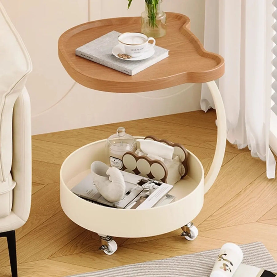 Modern Wood Bear Shape Tray Top Rolling Side Table with Storage
