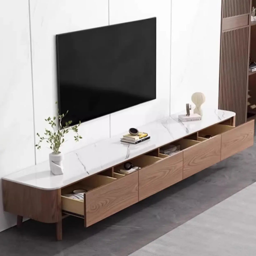 Modern Wood TV Stand with Marble Top and Storage Drawers