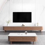 Modern Wood TV Stand with Marble Top and Storage Drawers
