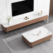 Modern Wood TV Stand with Marble Top and Storage Drawers