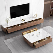 Modern Wood TV Stand with Marble Top and Storage Drawers