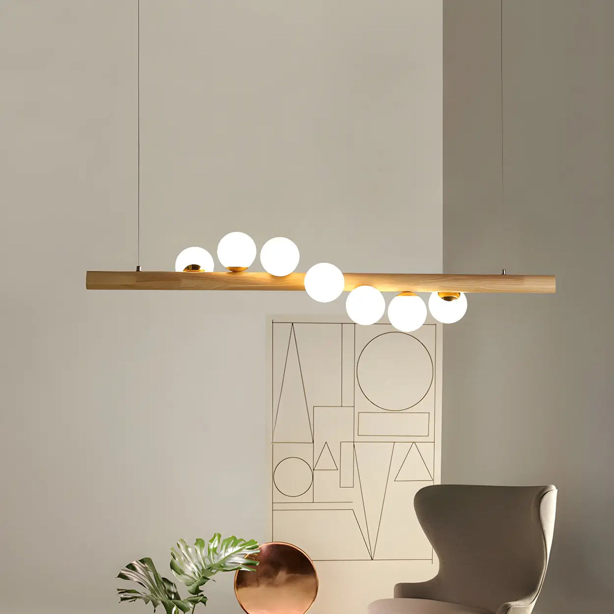 Modern Linear Wood Beam Island Light with Globe Glass Shades