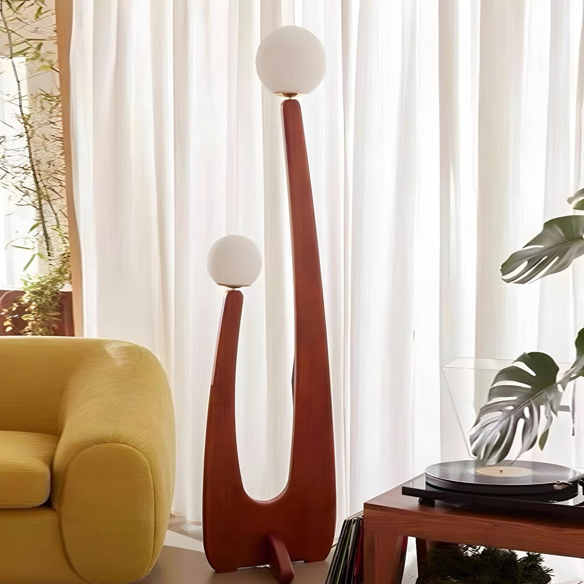 Modish Double Globe Brown Wooden Yoji Floor Lamp