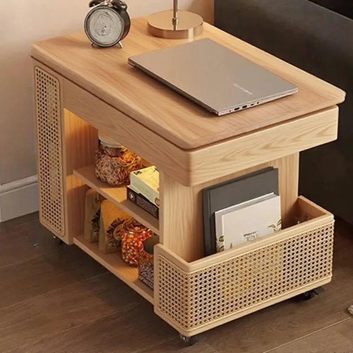 Multi-Function Wood Swivel Side Table with Storage and Wheels