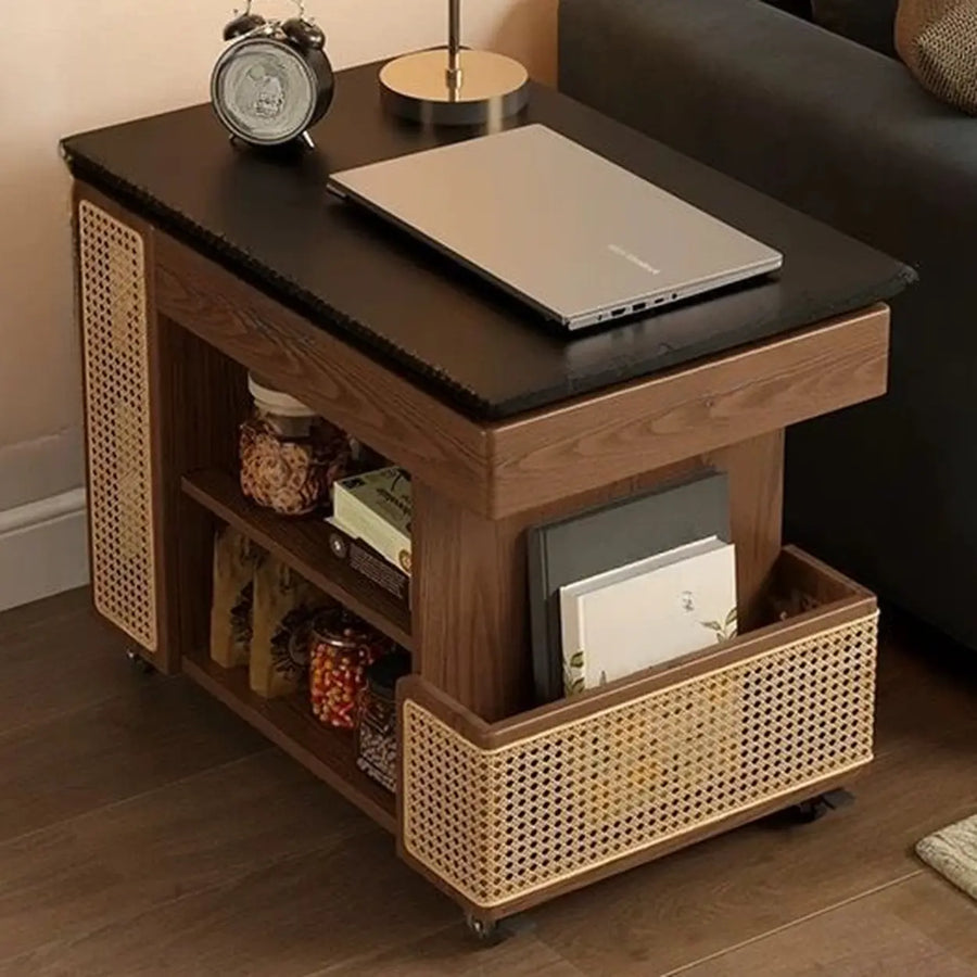 Multi-Function Wood Swivel Side Table with Storage and Wheels