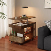 Multi-Function Wood Swivel Side Table with Storage and Wheels
