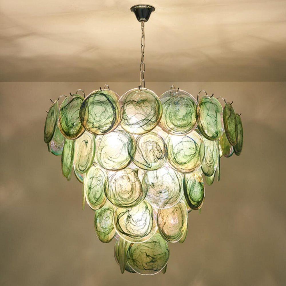 Multi-Tier Art Deco Green Glass Disc Chandelier