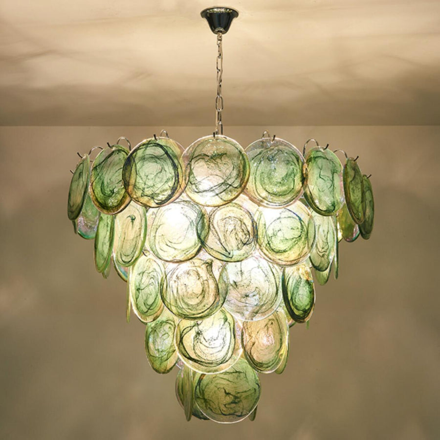 Multi-Tier Art Deco Green Glass Disc Chandelier