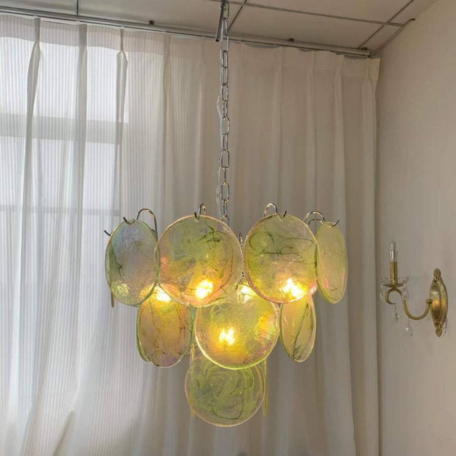 Multi-Tier Art Deco Green Glass Disc Chandelier