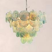 Multi-Tier Art Deco Green Glass Disc Chandelier