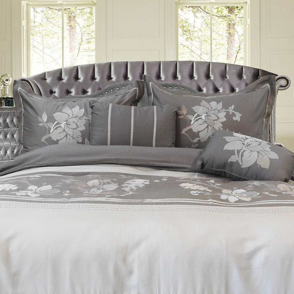 Embroidered Floral 100% Cotton Duvet Cover Set (5 Piece) Myra - Gray