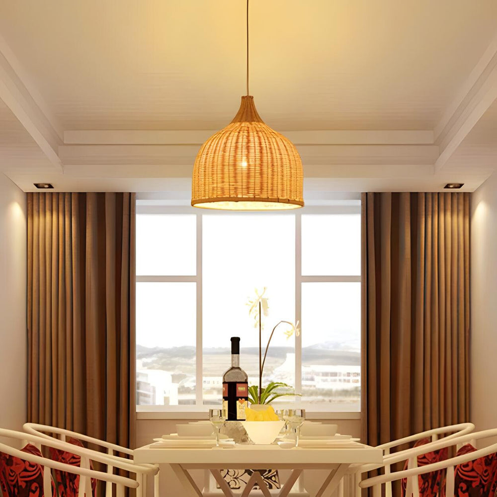 Natural Bohemian Woven Rattan Dome Dining Room Pendant Light