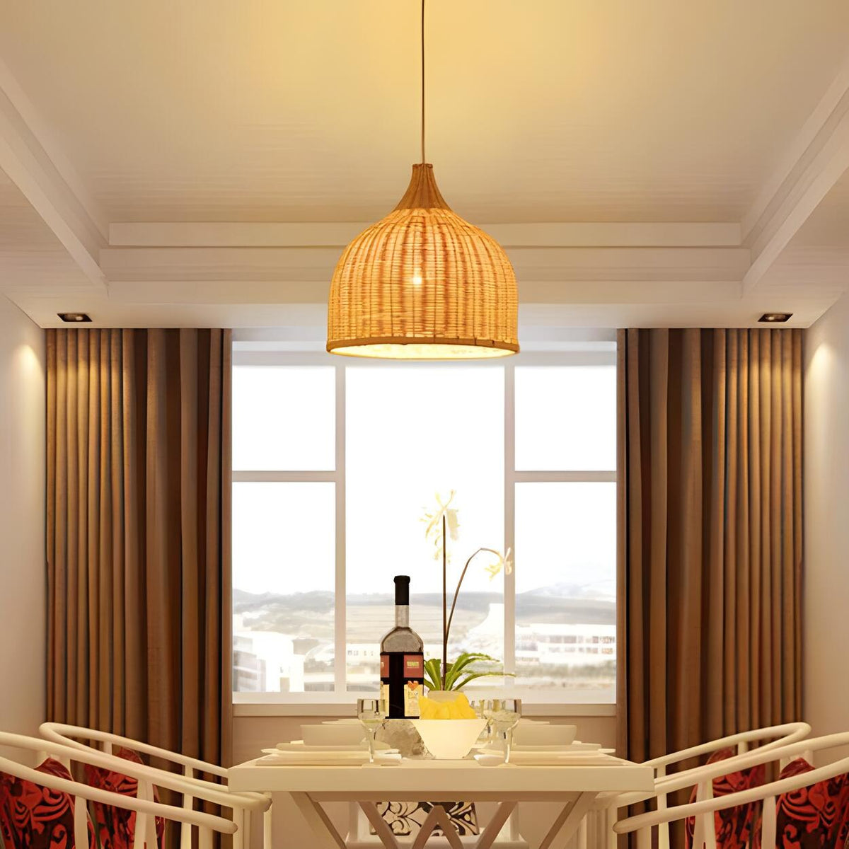 Natural Bohemian Woven Rattan Dome Dining Room Pendant Light