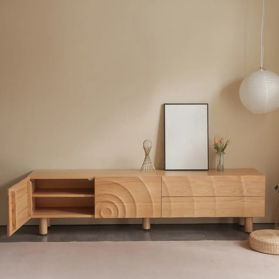 Natural Finish Pine Wood TV Stand with Cabinet Drawers