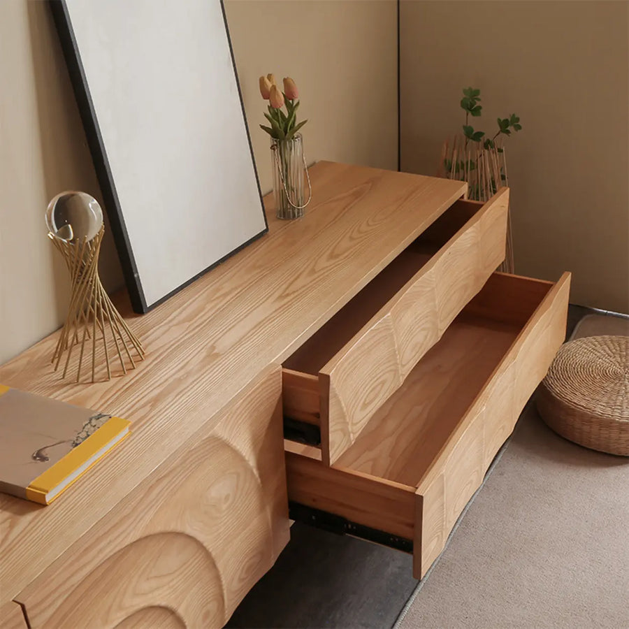 Natural Finish Pine Wood TV Stand with Cabinet Drawers