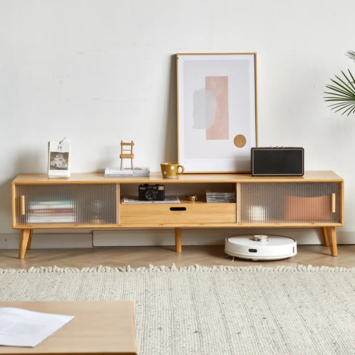 Natural Finish Rectangle Wood Open Storage TV Stand