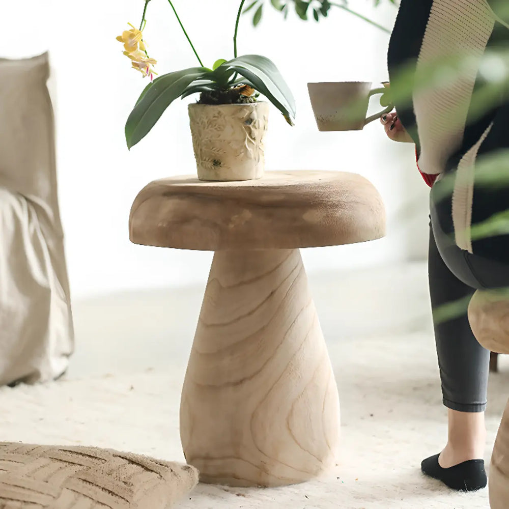 Natural Finish Round Pedestal Wood Mushroom End Table