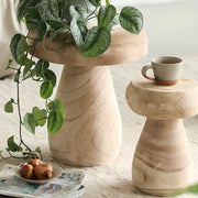 Natural Finish Round Pedestal Wood Mushroom End Table
