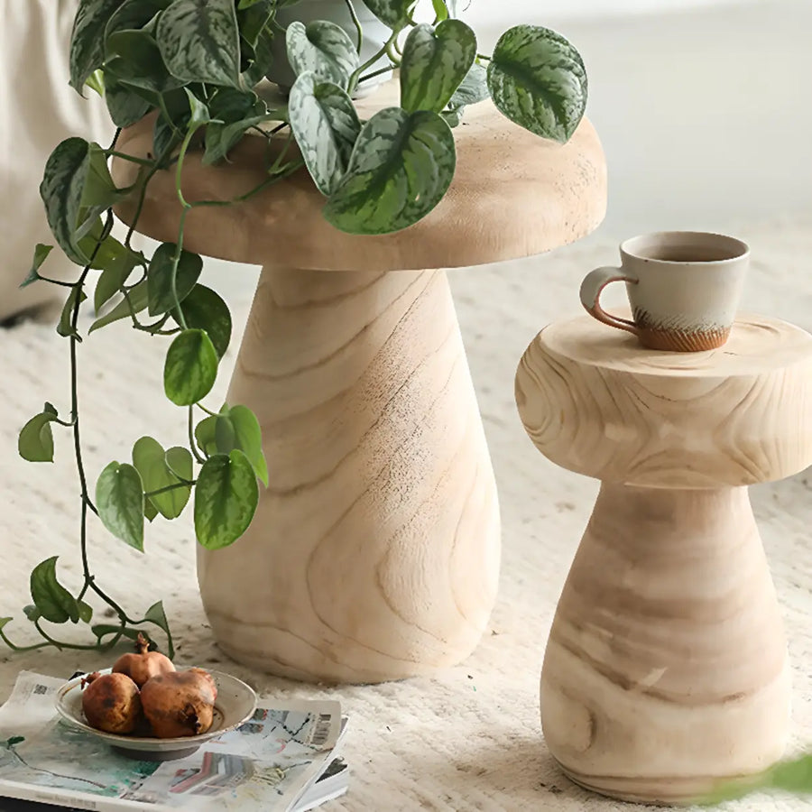 Natural Finish Round Pedestal Wood Mushroom End Table