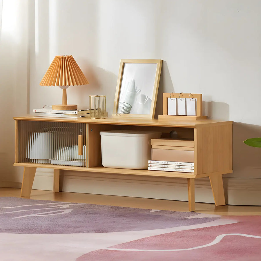 Natural Finish Wood Open Storage Cabinet TV Stand