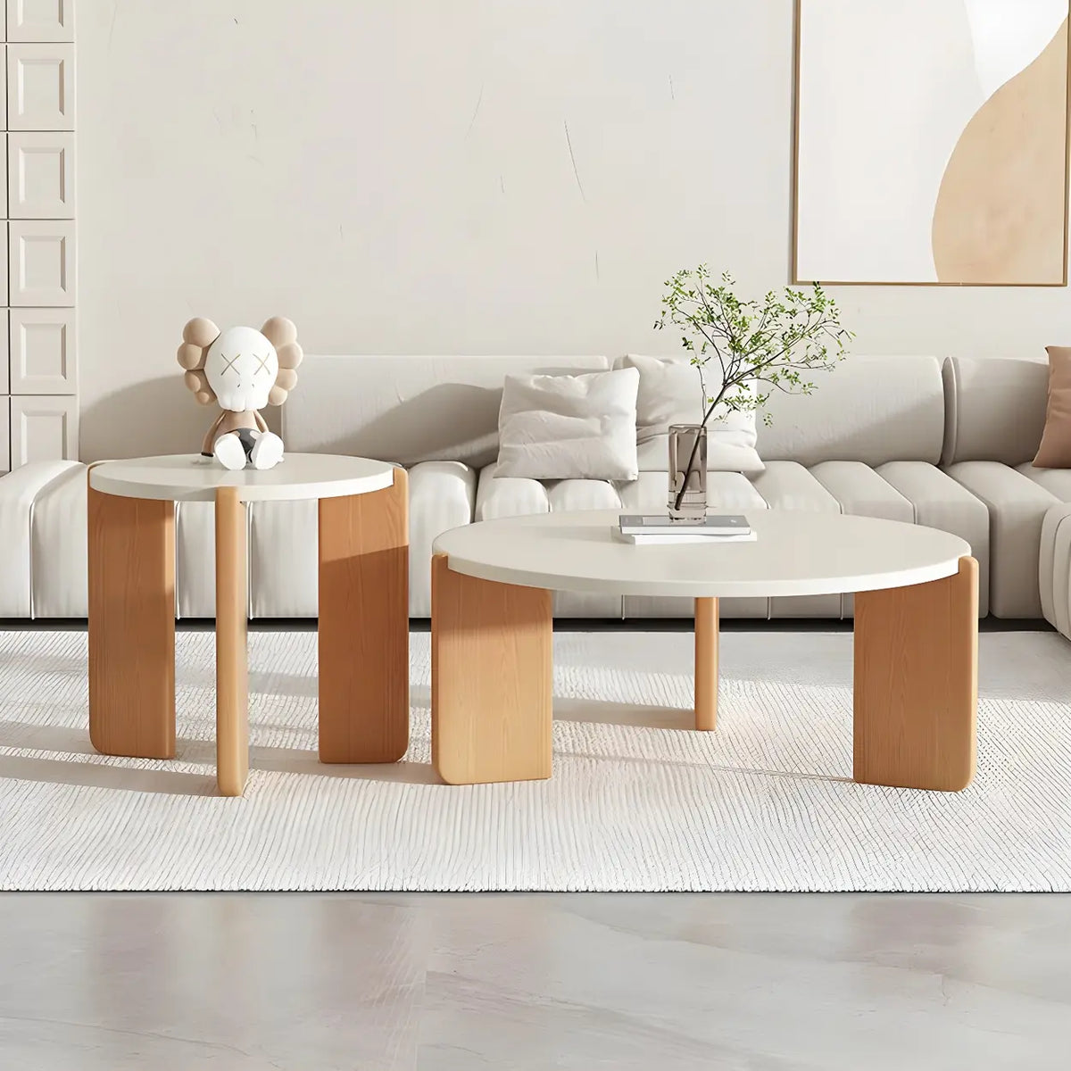 Natural Finish Wood Three-Leg Round Coffee Table Set