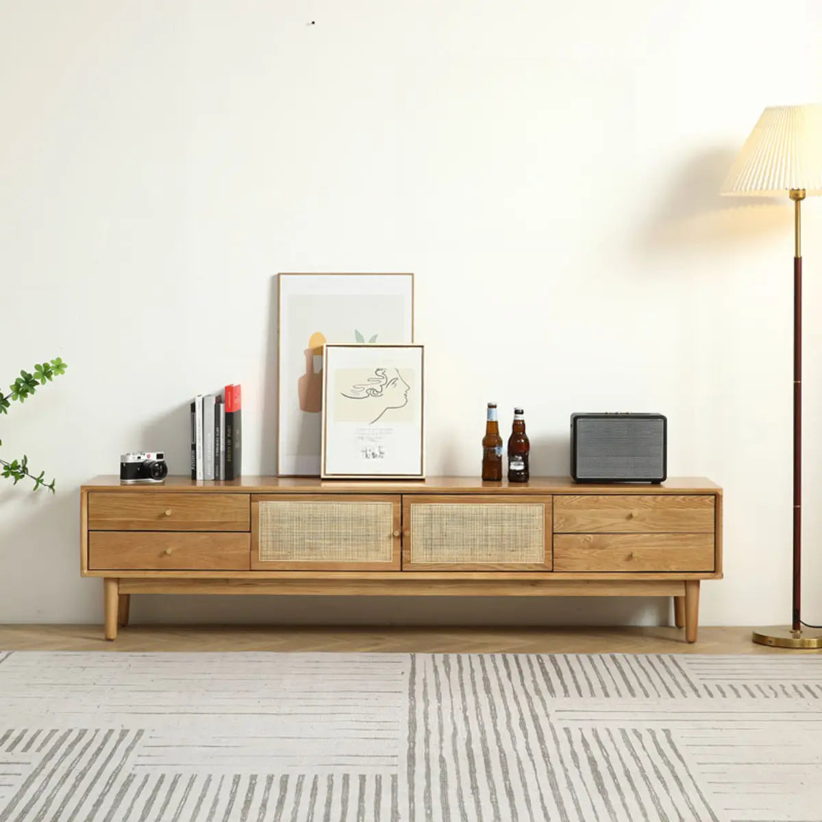 Natural Finish Wooden TV Stand with Cabinet Drawers