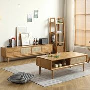 Natural Finish Wooden TV Stand with Cabinet Drawers