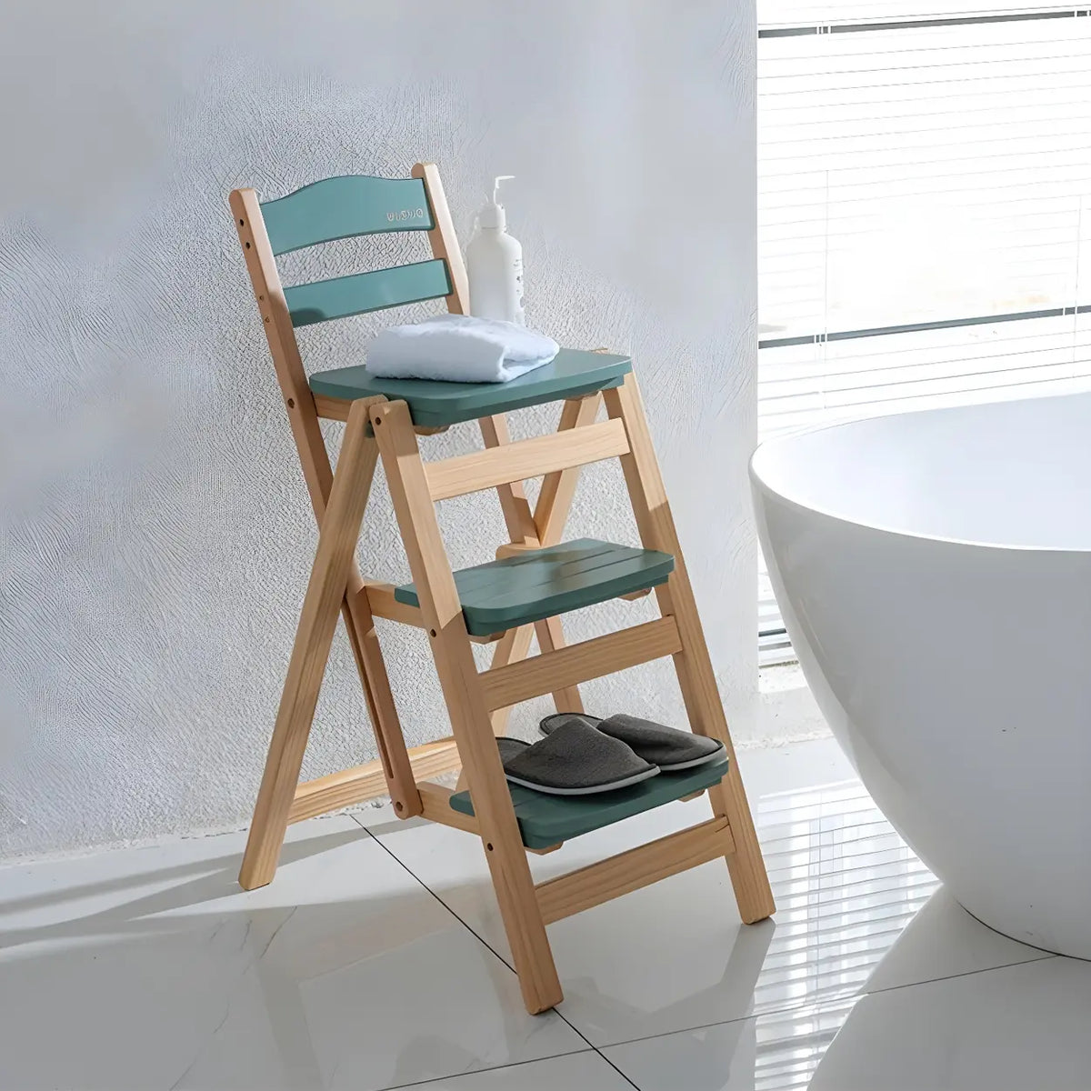 Natural Folding Square Wood Ladder Chair Bar Stool