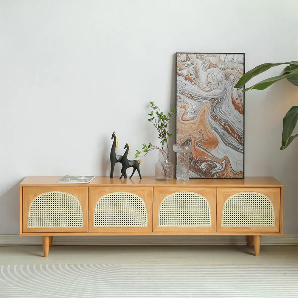 Natural Pine Wood 1 Tier Rectangle Cabinet TV Stand
