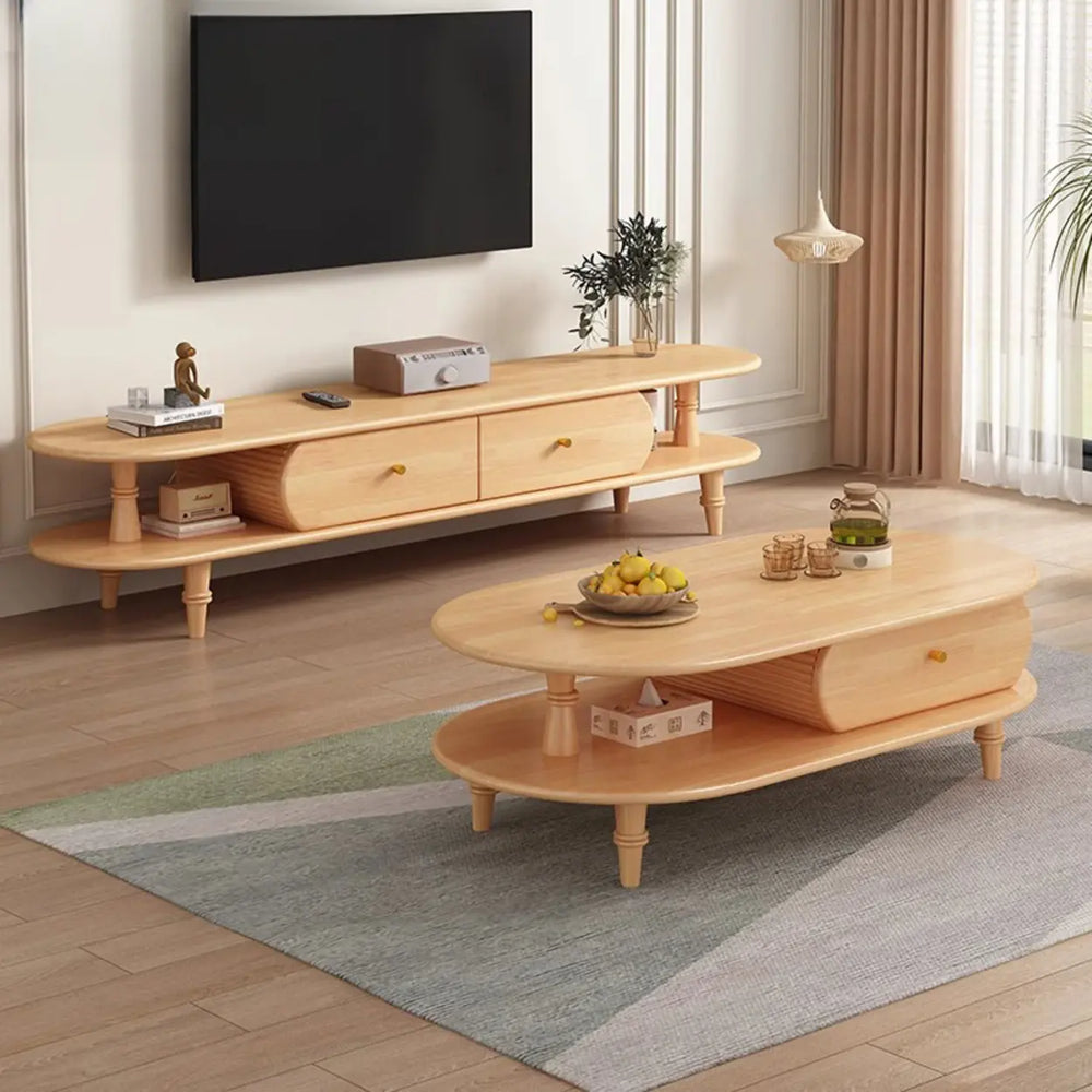 Natural Rectangle Wood Long Open Storage TV Stand