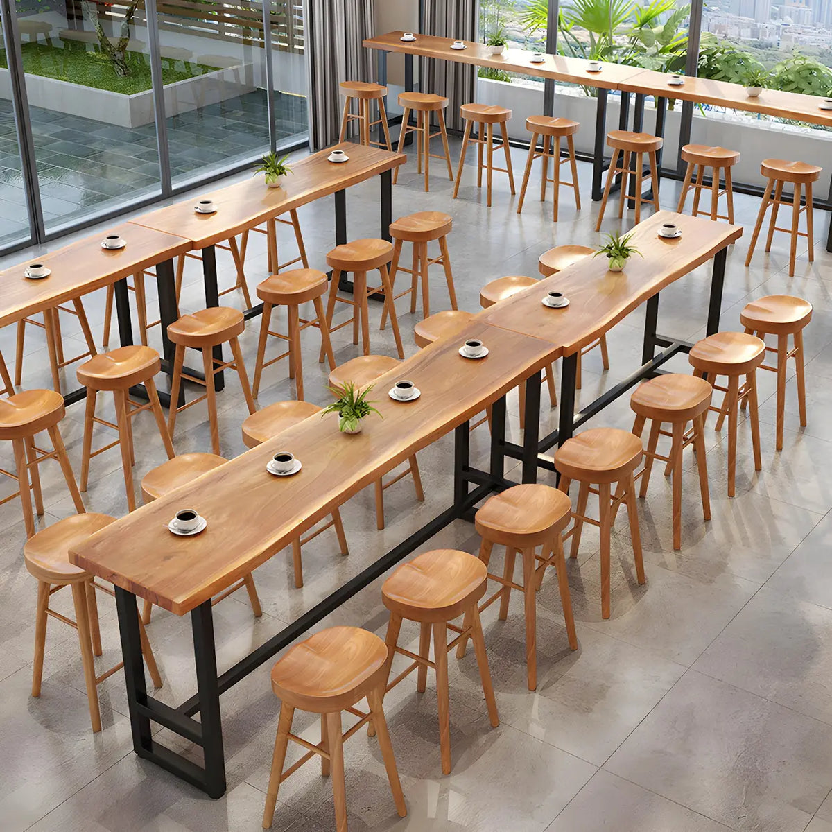 Natural Rectangular Wood Large Dining Bar Table With Footrest