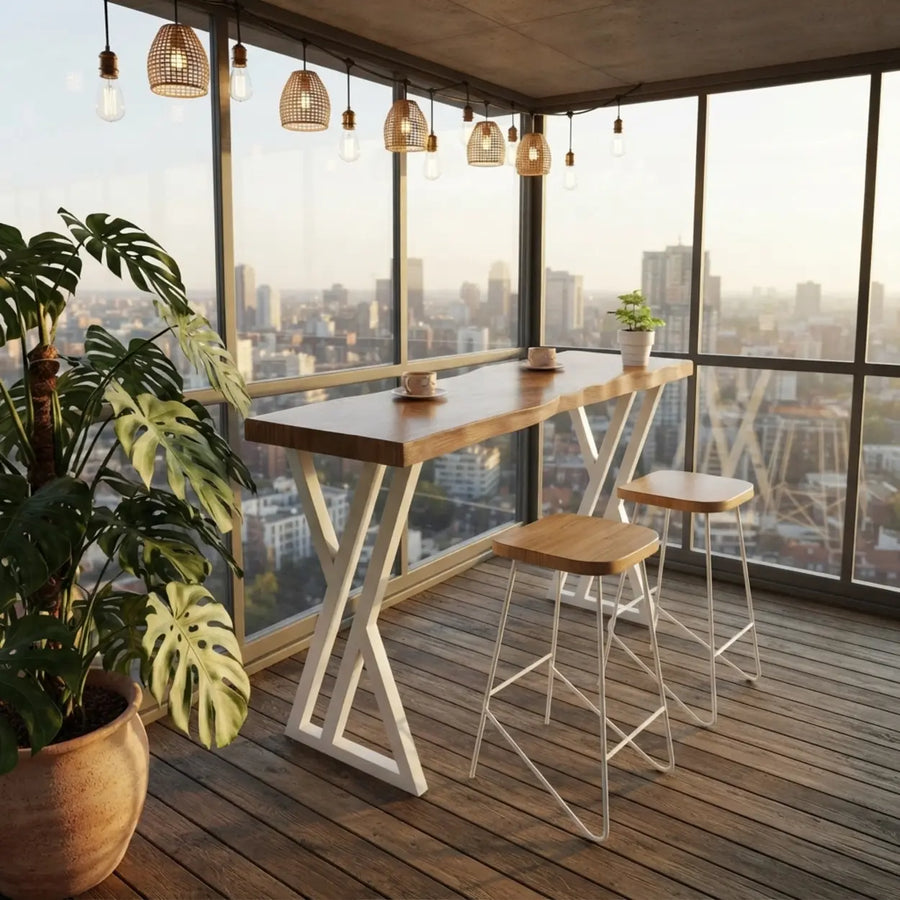 Natural Solid Wood Rectangular Bar Table with White Metal Trestle Base