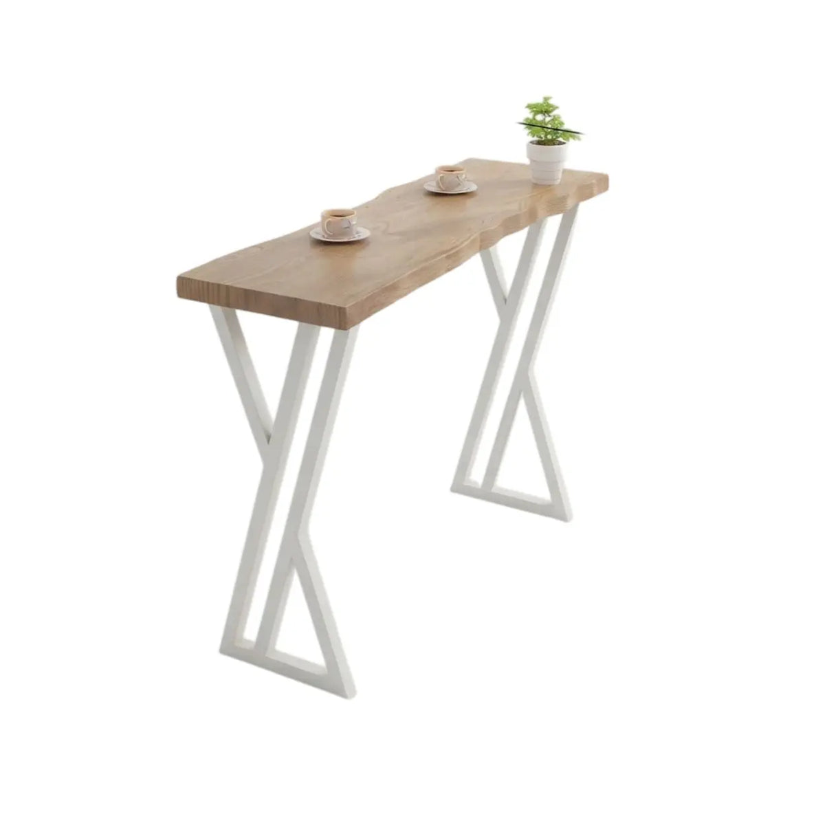 Natural Solid Wood Rectangular Bar Table with White Metal Trestle Base