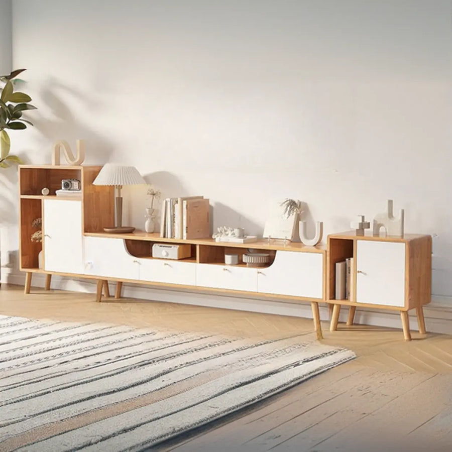 Natural White Wooden Open Storage Drawers TV Stand