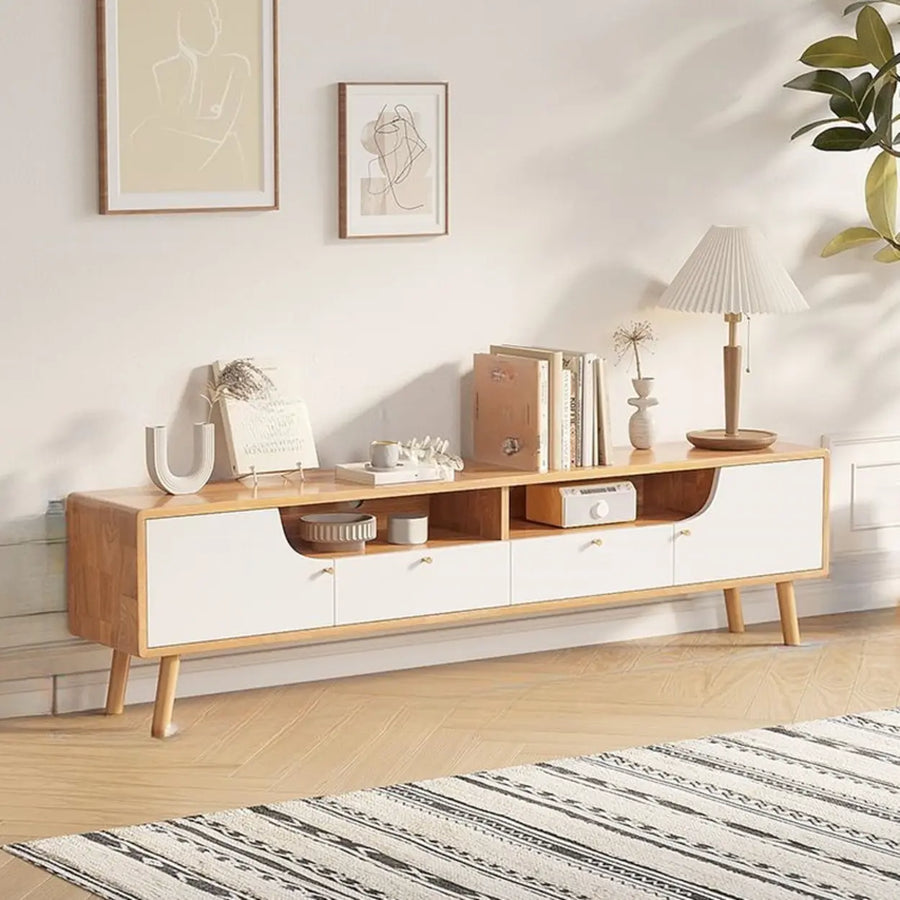 Natural White Wooden Open Storage Drawers TV Stand