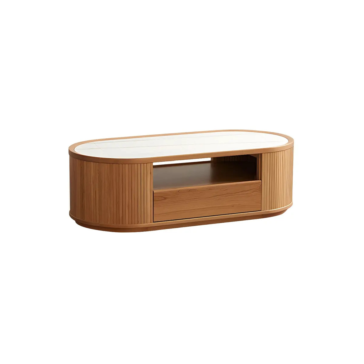 Natural-White Wooden Round Coffee Table with Storage
